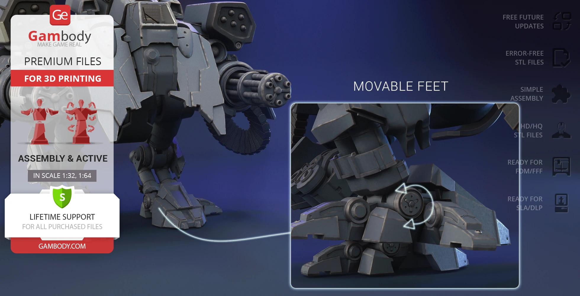 3D model of a mechanical Viking Terran with movable feet, designed for 3D printing.
