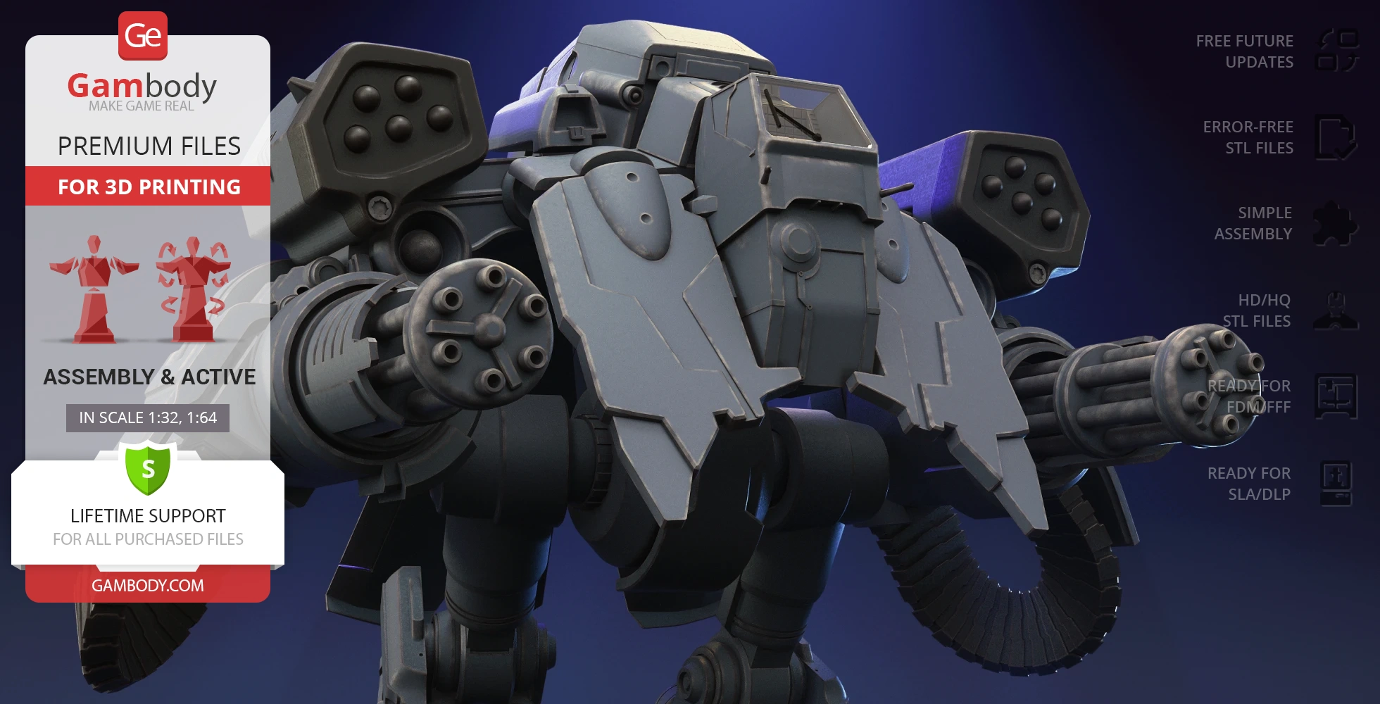 A detailed 3D model of a mech from StarCraft, equipped with heavy armor and rotary cannons, for 3D printing.