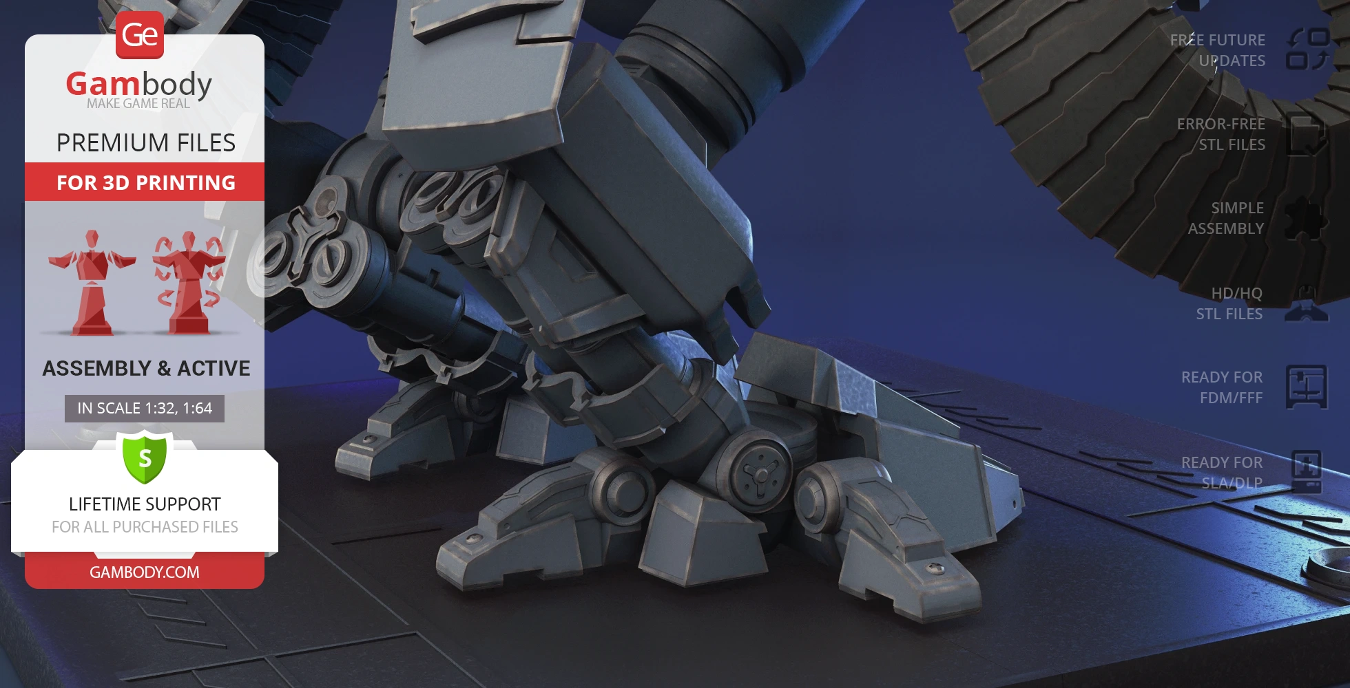 Close-up of detailed mechanical feet of a 3D-printable Viking mech from StarCraft, on a display platform.
