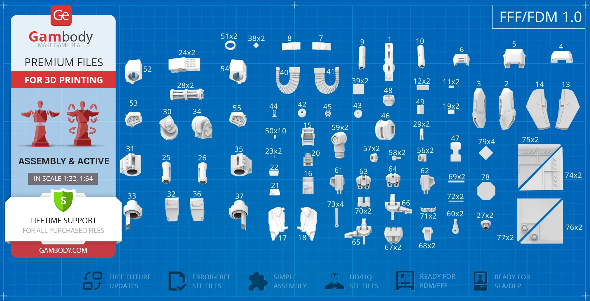 Blueprint of 3D printing parts for Viking Terran model, showing numerous labeled components on a grid background.