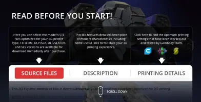 Text overlay on a 3D model of a mech, offering options for source files, description, and printing details.