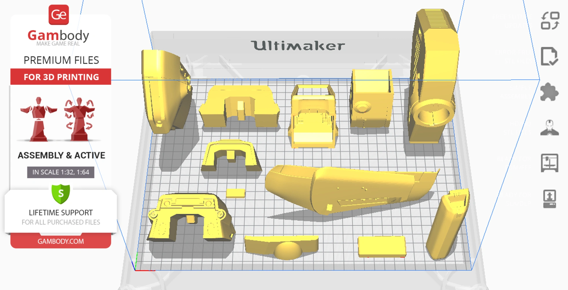 3D printing layout of Viking Terran model parts in yellow on a grid platform.
