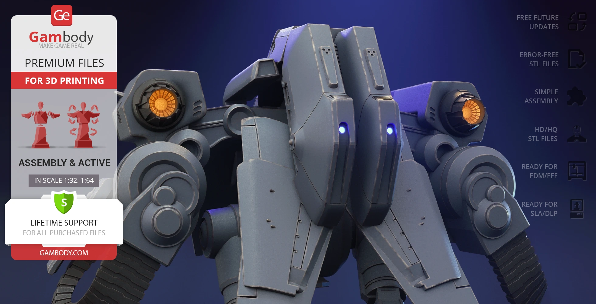 A detailed 3D model of a mech robot from StarCraft, showcasing intricate mechanical parts and blue lights.