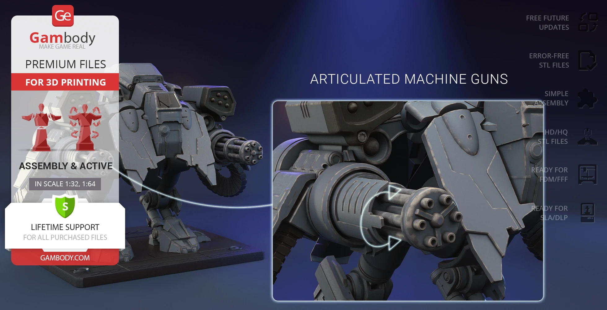 A detailed 3D model of a mech with articulated machine guns on a display base, designed for 3D printing.