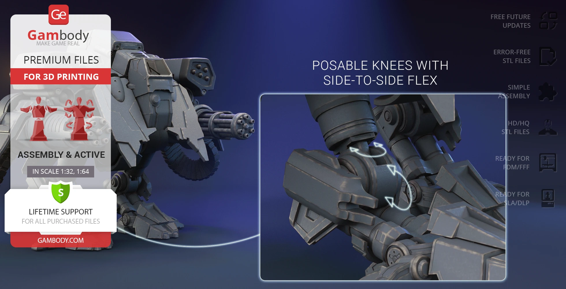 A 3D model of a mech with posable knees for printing, featuring detailed joints and weaponry.