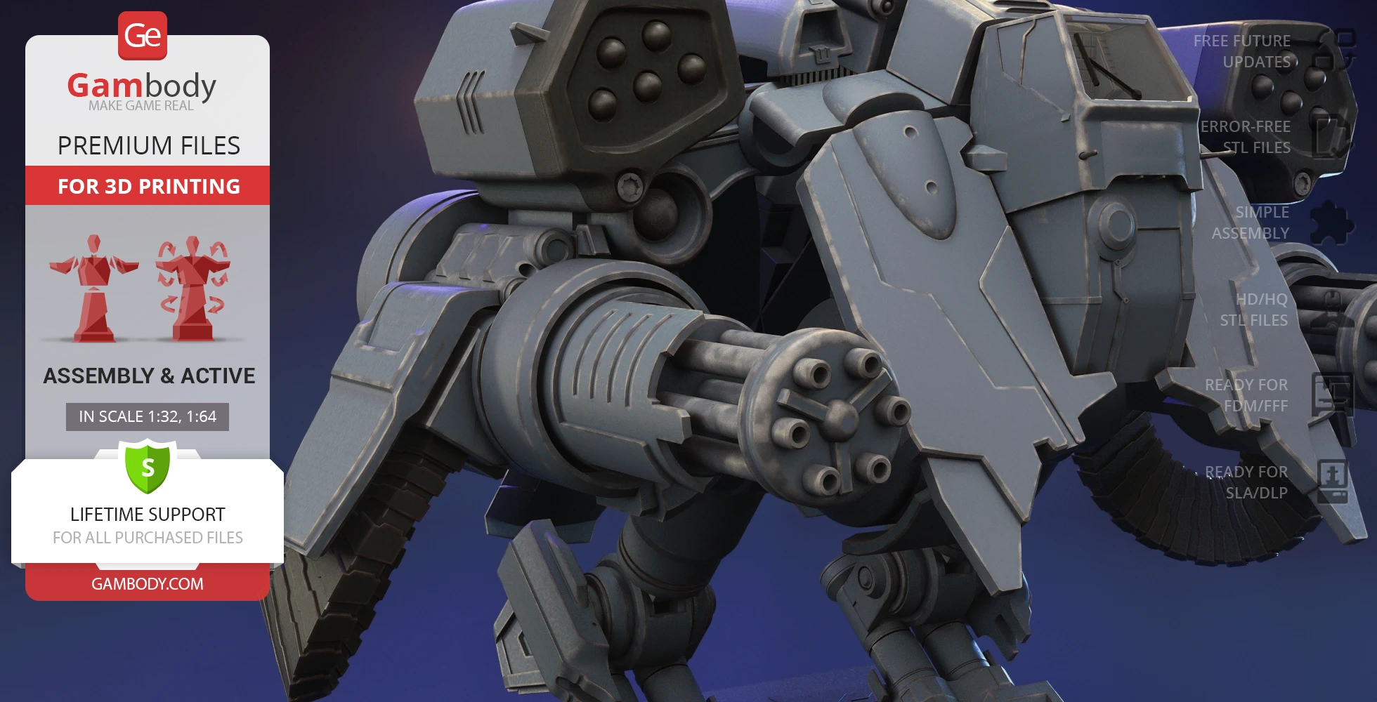 A 3D model of a mech with articulated armor and weapons for 3D printing.