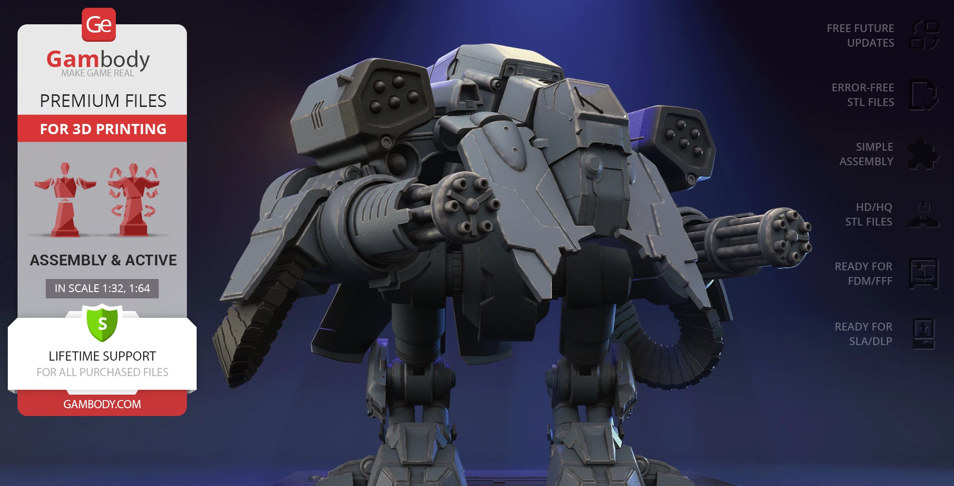 A detailed 3D model of a robotic armored mech with dual cannons, designed for 3D printing.