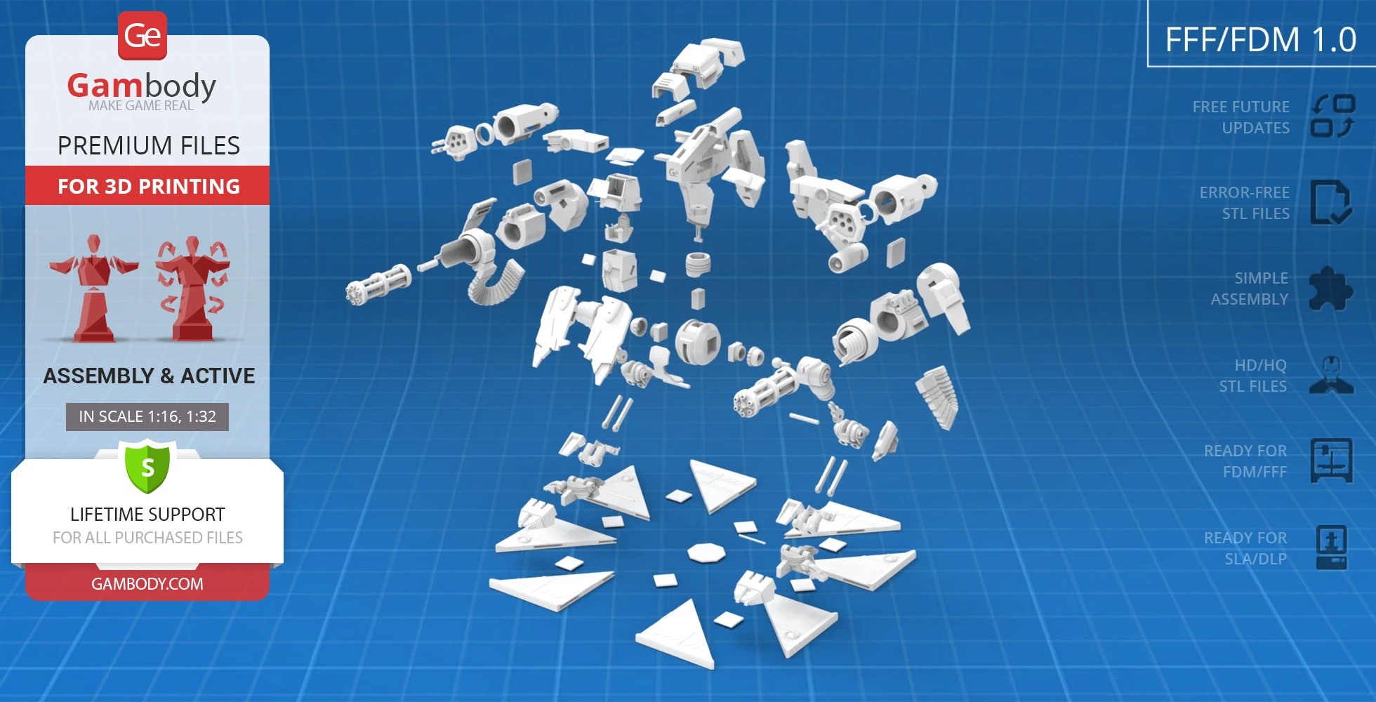 Exploded view of 3D printable Viking Terran model parts from StarCraft on blue grid background.