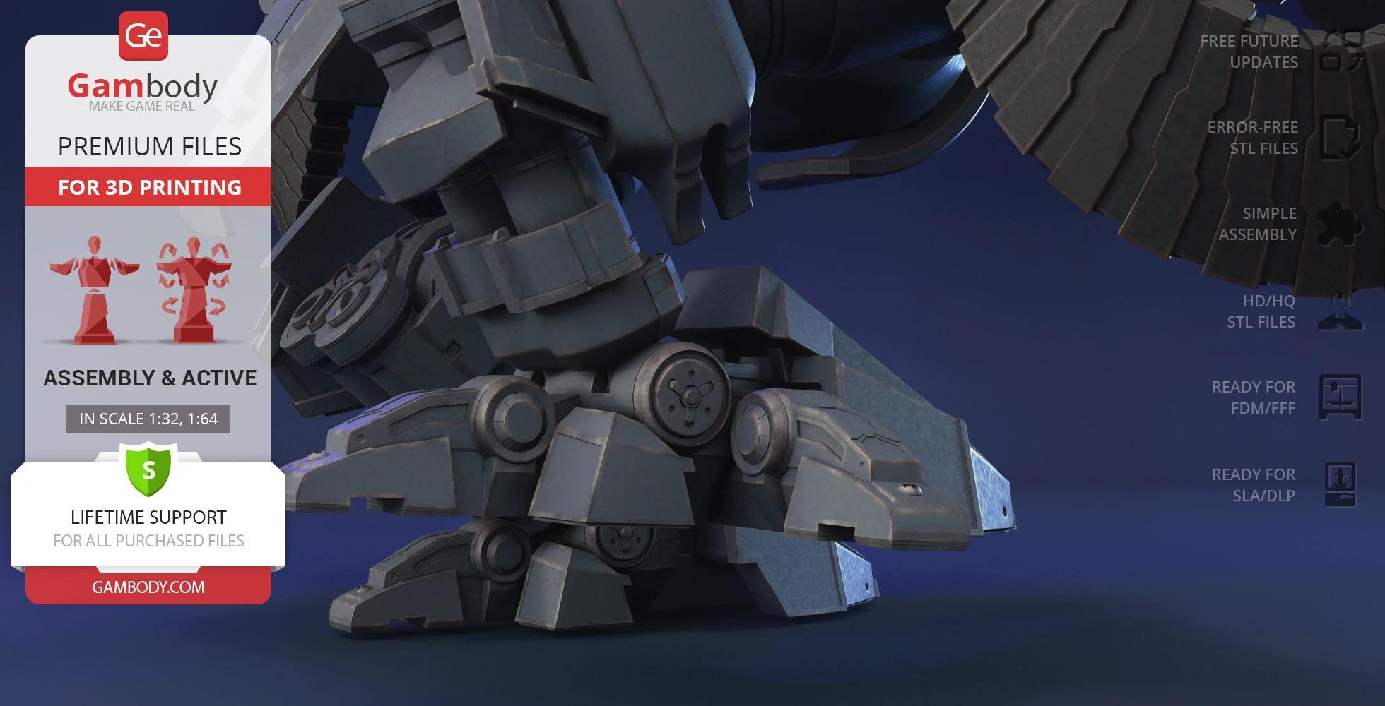 Close-up of a detailed 3D model of a mechanical foot for 3D printing, from Gambody's Viking Terran.