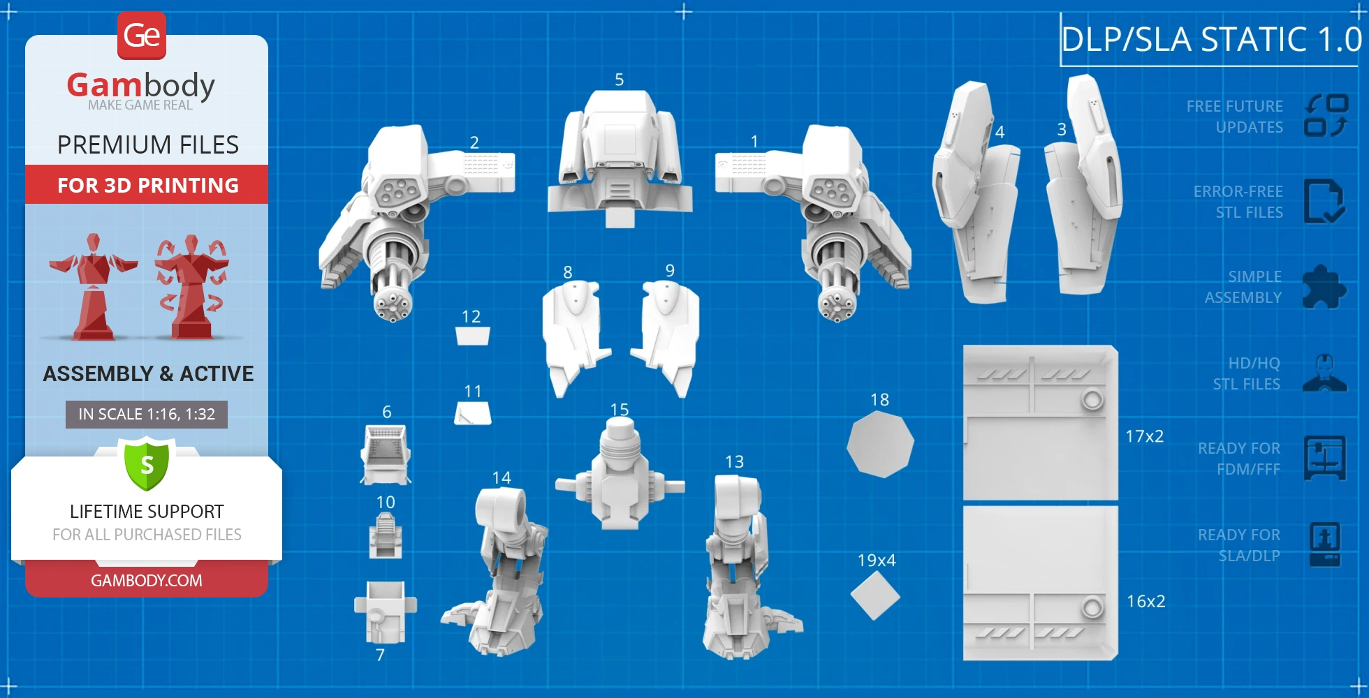 Blueprint of a 3D printable Viking Terran model from StarCraft, featuring multiple detailed parts.