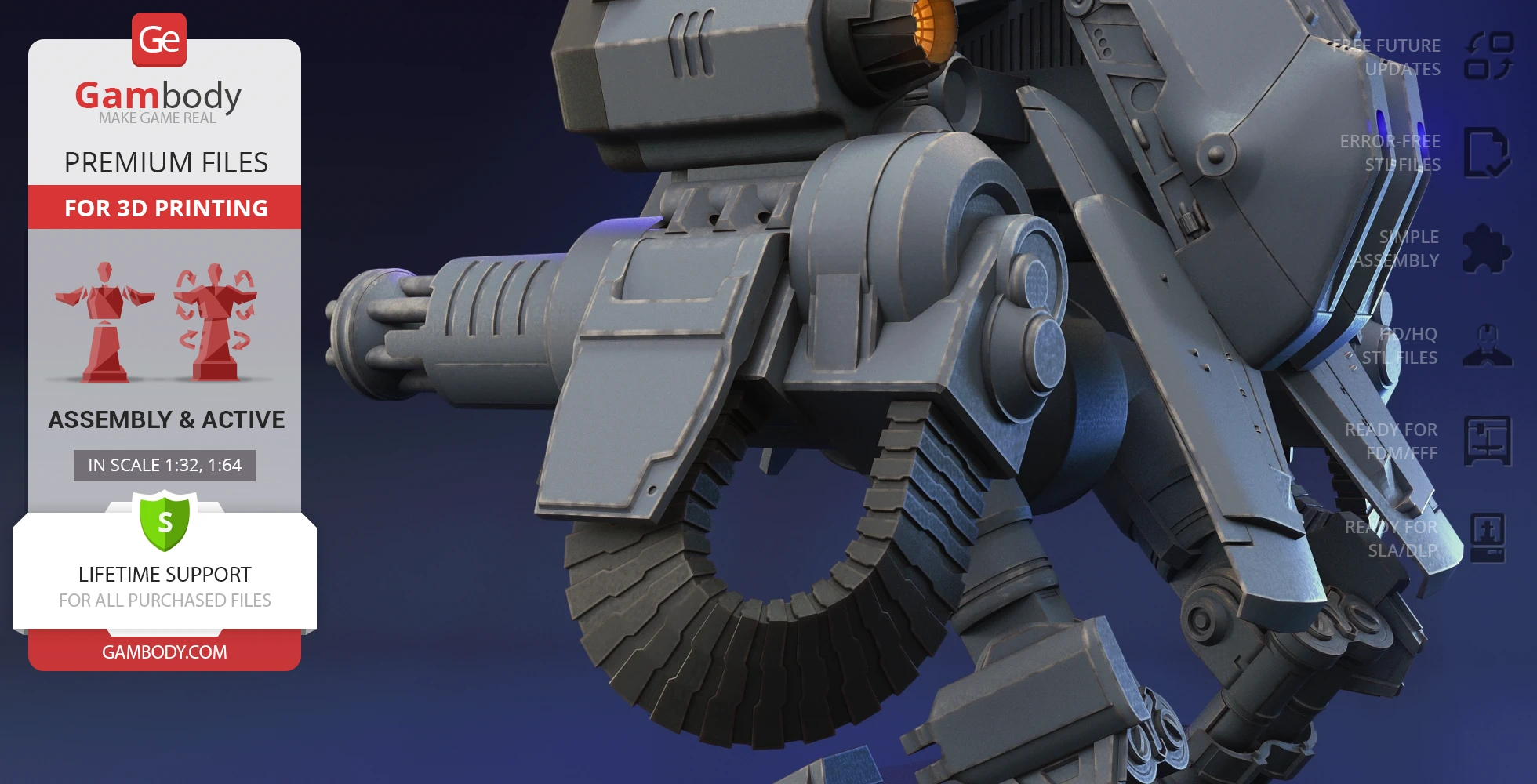 A detailed close-up of a sci-fi mech's gun and mechanical parts, designed for 3D printing from Gambody.