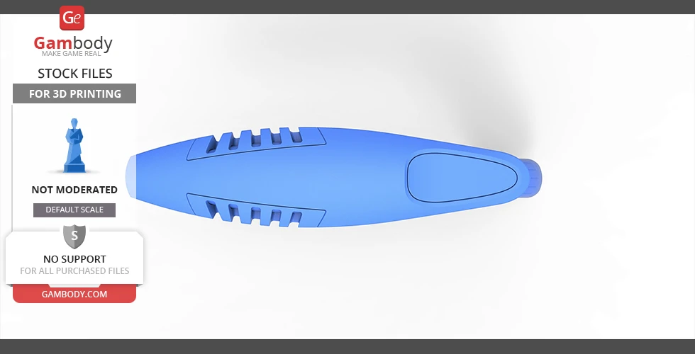 Blue futuristic phaser design for 3D printing, viewed from above with sleek, streamlined features.
