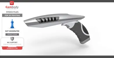 Futuristic silver and black phaser inspired by a great white shark, designed for 3D printing.