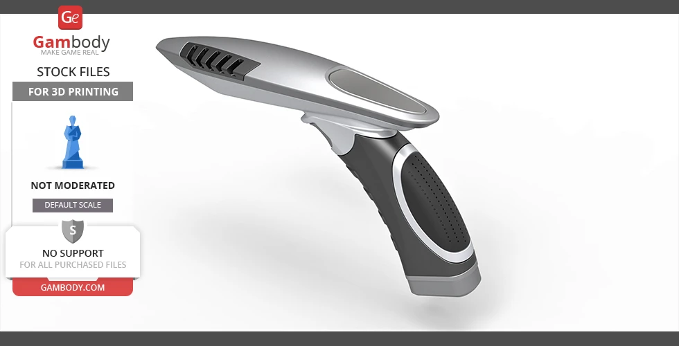Futuristic silver and black handheld device, resembling a sleek phaser.