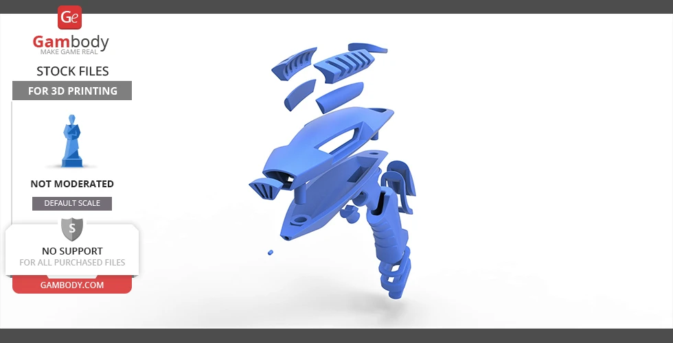 A 3D model of a shark-shaped phaser with distinct parts shown in blue for 3D printing assembly.