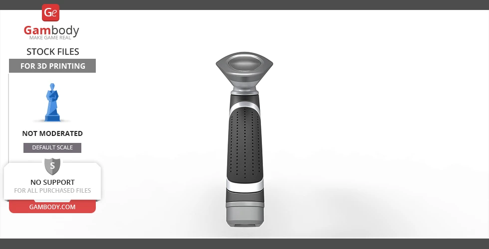 A futuristic, gray and black, handheld phaser device designed for 3D printing, viewed from the front.
