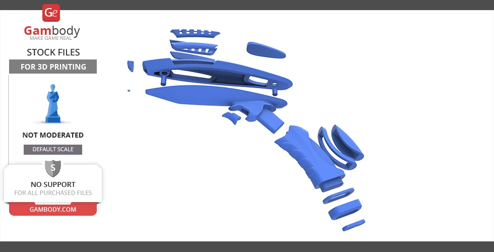 Exploded view of a futuristic blue phaser model with separate parts for 3D printing.