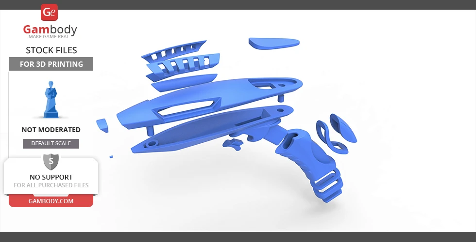 Blueprint of disassembled blue 3D phaser model parts for printing.