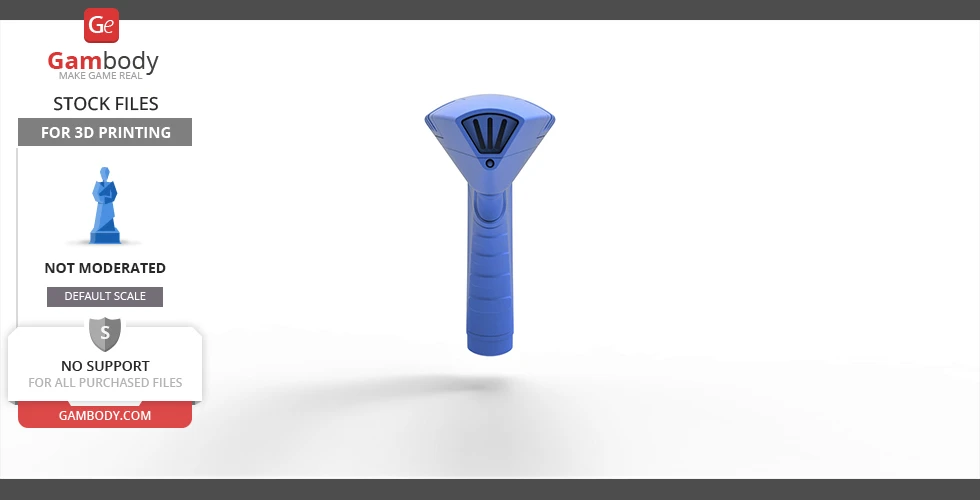 A blue 3D model of a futuristic phaser shaped like a shark fin, designed for 3D printing.