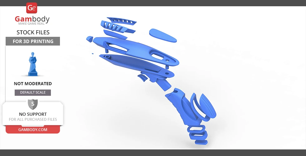 Exploded view of a blue Starfleet Great White Shark Phaser model for 3D printing.