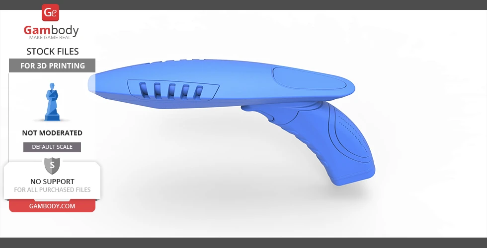 A blue, futuristic sci-fi handheld phaser model, designed for 3D printing.