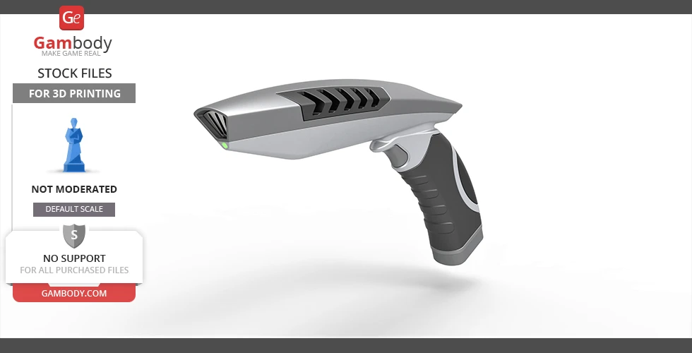 Futuristic gray and black handheld phaser with sleek design, suitable for 3D printing.