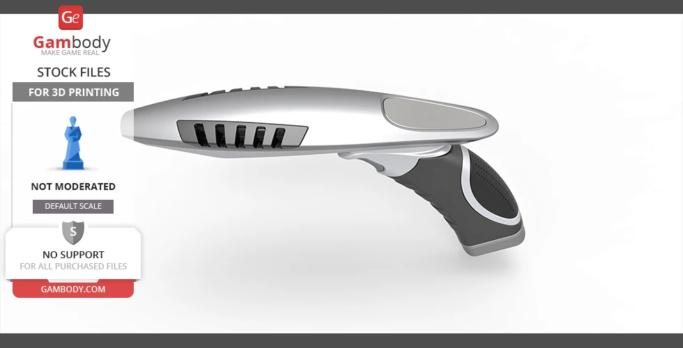 Futuristic, sleek phaser weapon with a silver and black design, curved handle for 3D printing.