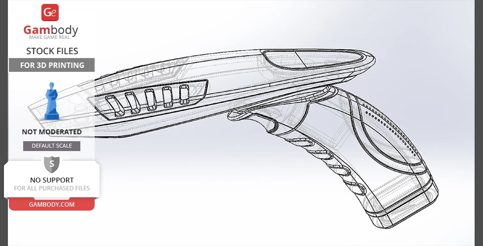 A wireframe model of a futuristic phaser design, featuring a sleek, ergonomic grip and elongated barrel.