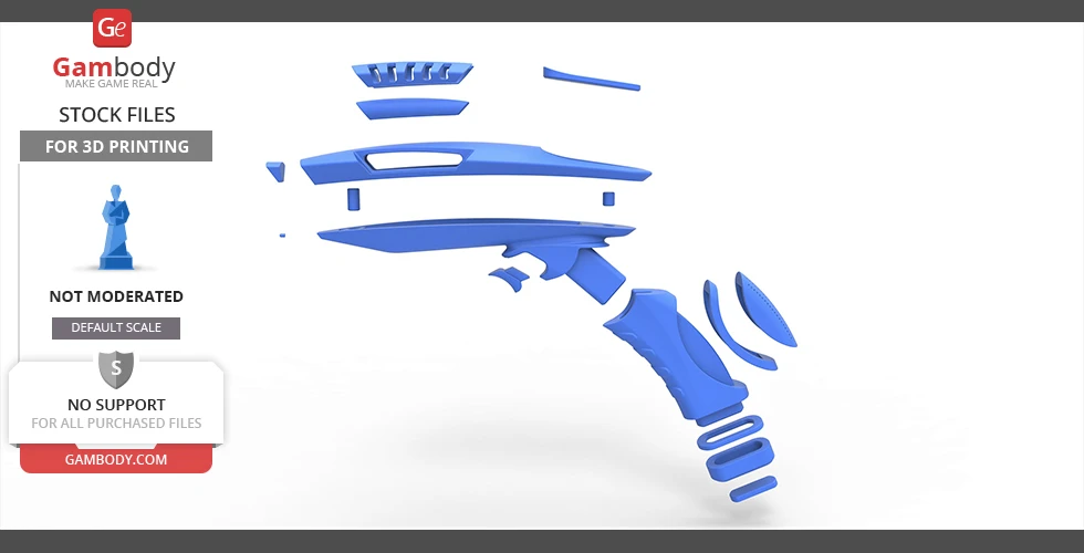 Blue 3D-printed phaser model parts arranged in an exploded view for assembly.
