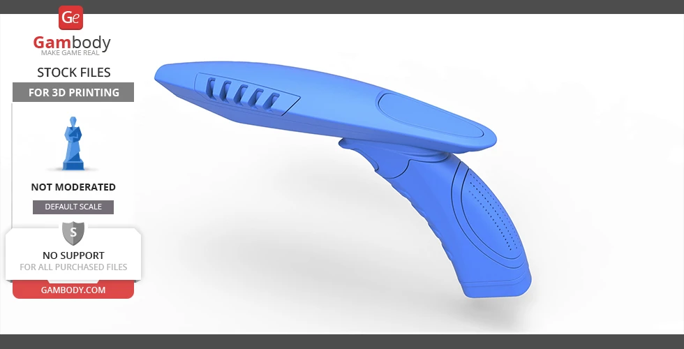 A blue, shark-inspired futuristic phaser weapon for 3D printing on a neutral background.