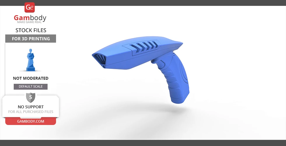 A blue 3D model of a futuristic phaser with a shark-like design, ready for 3D printing.