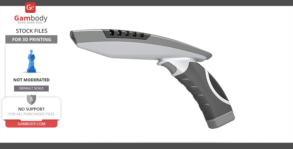 Sleek, futuristic phaser with a curved handle and streamlined design for 3D printing.