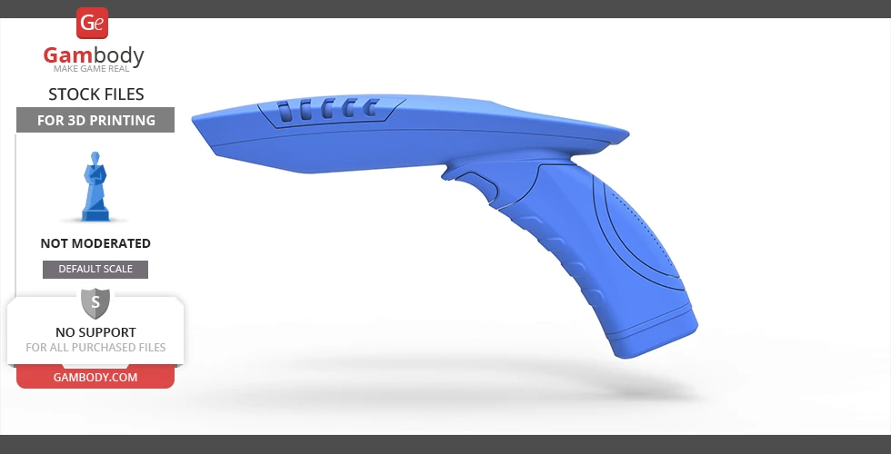 A blue 3D model of a futuristic phaser gun, designed for 3D printing.
