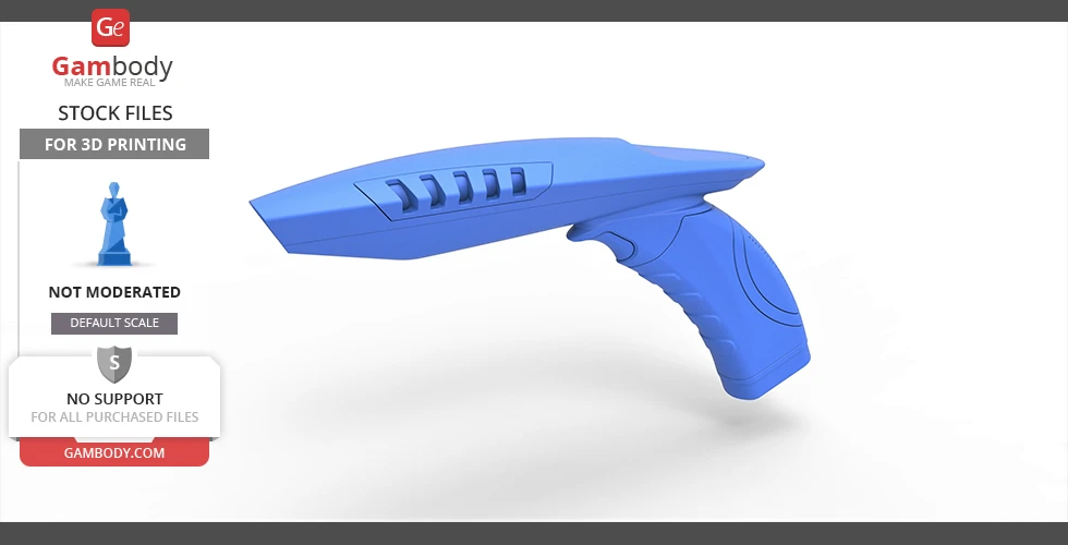 Futuristic blue phaser gun 3D model with sleek, angular design and ergonomic grip.
