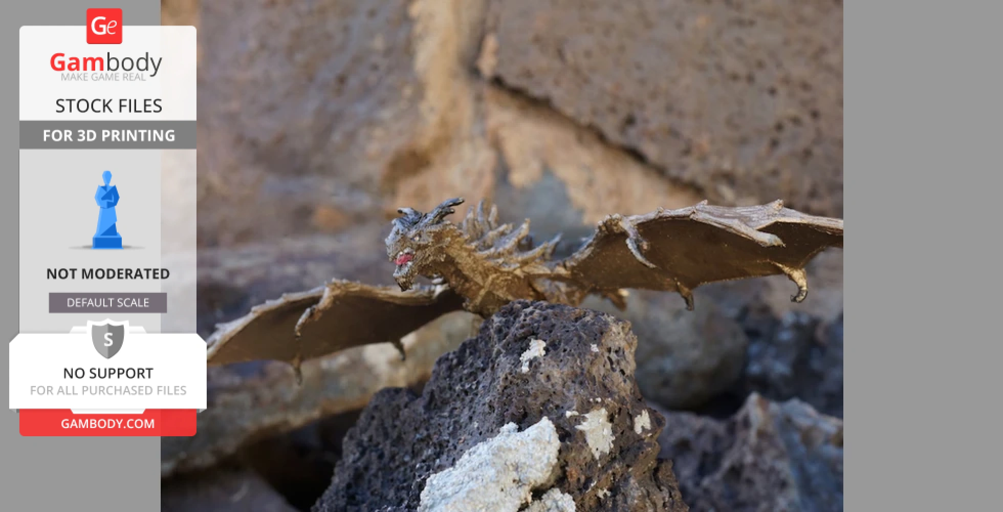 A realistic, detailed dragon miniature perched on rocky terrain, featured for 3D printing.
