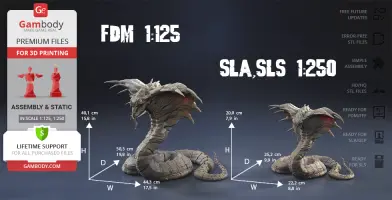 3D model of a detailed king cobra, ready for printing, shown in two scales: 1:125 and 1:250.