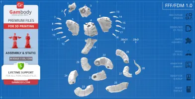 King Cobra 3D model assembly parts layout for printing on a blueprint background.