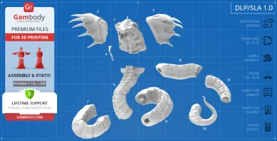 3D printable King Cobra model pieces, including head, fangs, and coiled body segments on a grid background.