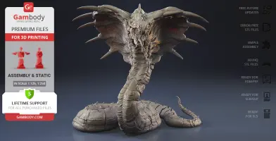 A detailed 3D model of a large king cobra with an open hood, ready for 3D printing.