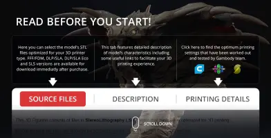 A detailed King Cobra 3D model for printing, with sections for source files, description, and printing info.