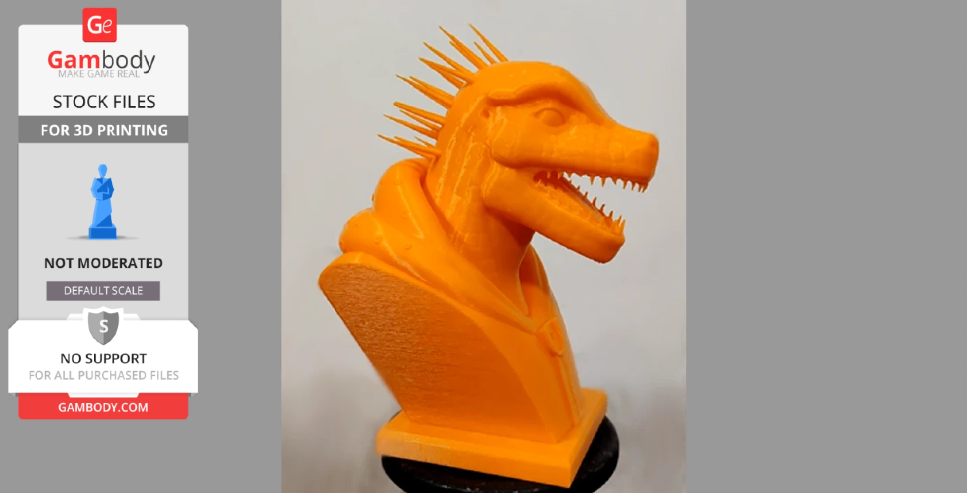 Orange spiked dinosaur-like bust with sharp teeth, mounted on a small base.