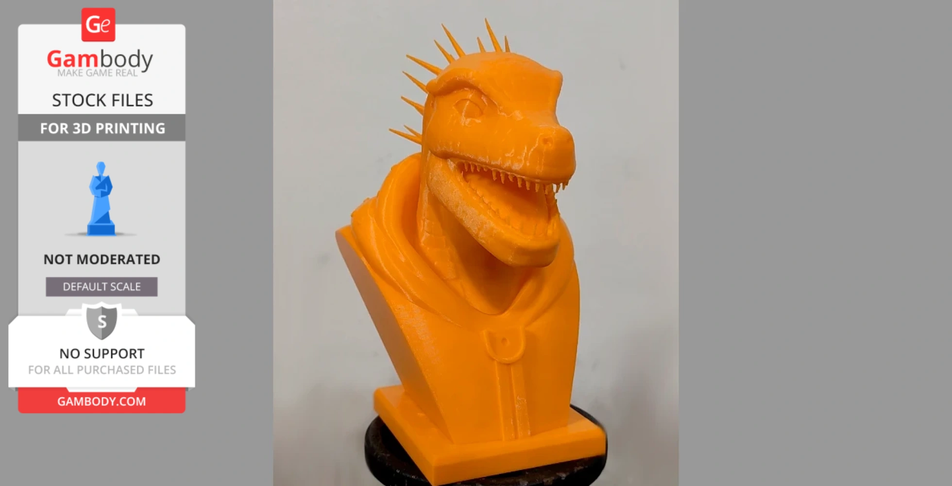 Orange 3D-printed bust of a reptilian creature with spiky head, wearing a cloak, displayed on a stand.