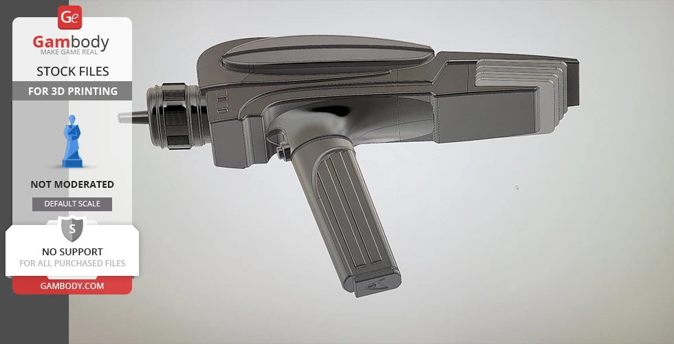 A 3D model of a Star Trek Phaser MK2, designed for 3D printing, with a sleek, futuristic design.