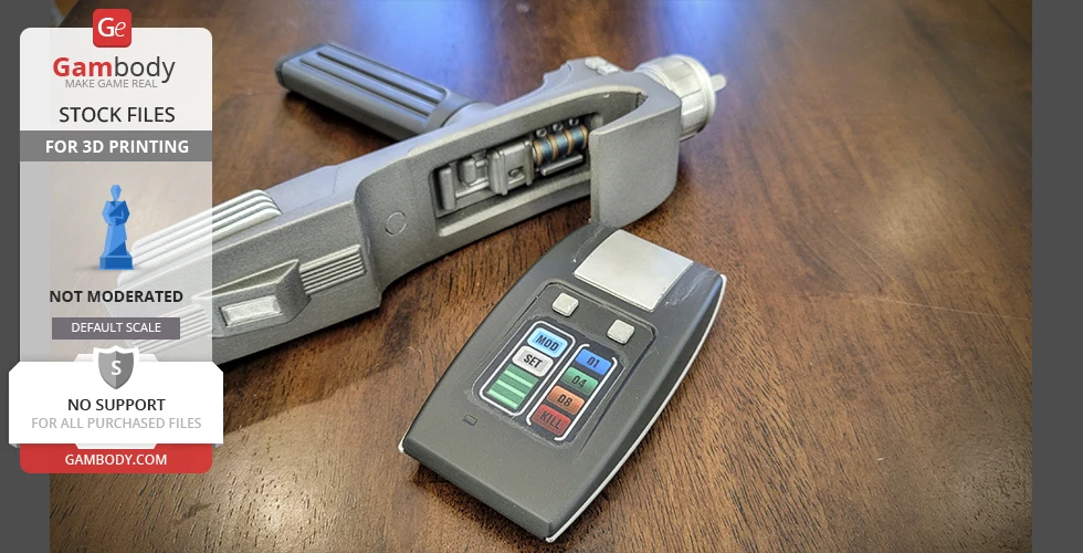 'Star Trek Phaser MK2 with controller, detailed 3D print model files on a wooden surface.'