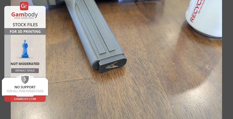 A close-up of a Star Trek Phaser MK2 3D model on a wooden surface, with promotional text on the side.