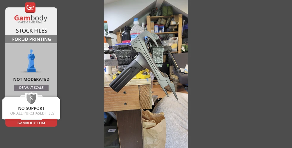 A Star Trek Phaser MK2 3D model in gray with a black handle, positioned on a cluttered workbench.