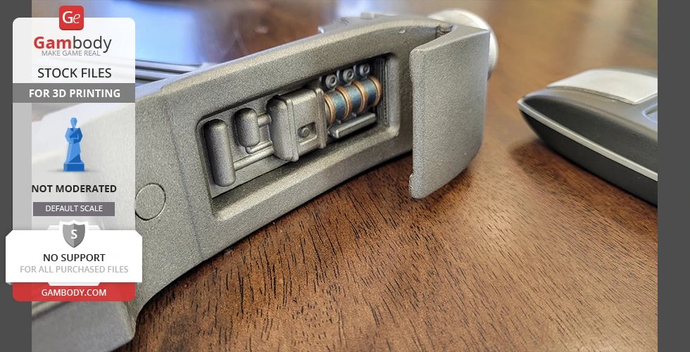 A detailed, gray 3D printed Star Trek Phaser MK2 prop on a wooden surface.