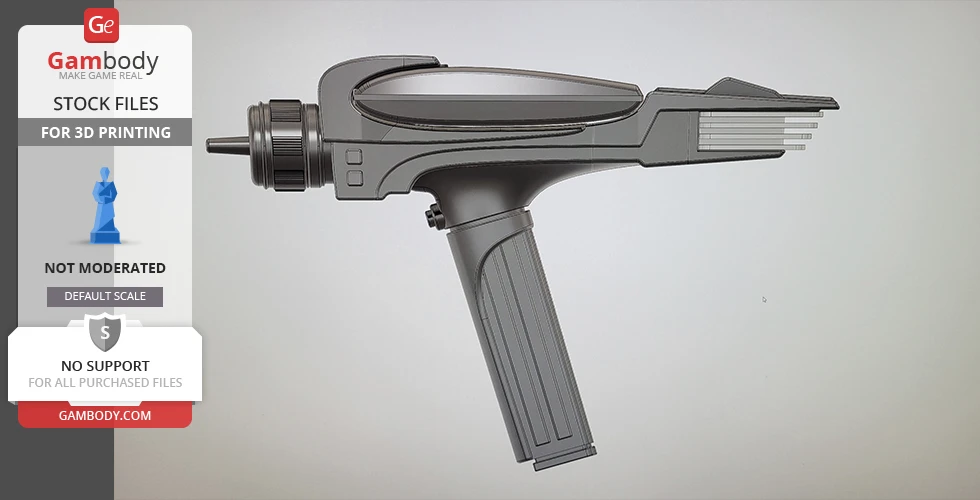 Futuristic handheld phaser weapon model, gray with ridged grip, for 3D printing from Star Trek series.