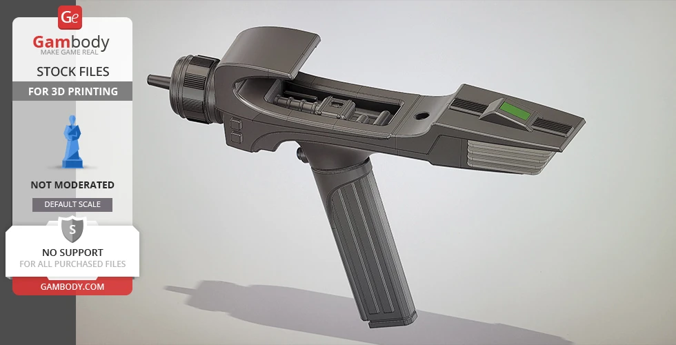 A 3D model of a Star Trek Phaser MK2 for printing, with a sleek, detailed futuristic design.