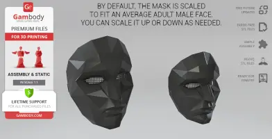 Low-poly black mask inspired by Squid Game, designed for 3D printing.